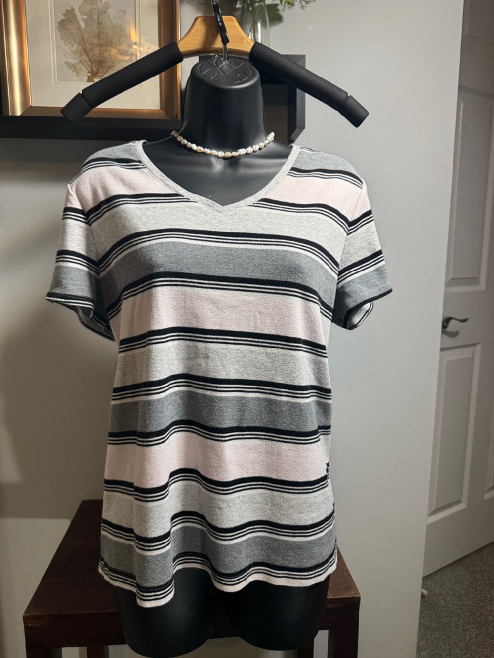 ***SOLD***croft & barrow Gray and Pink Striped V-Neck Short Sleeve Top